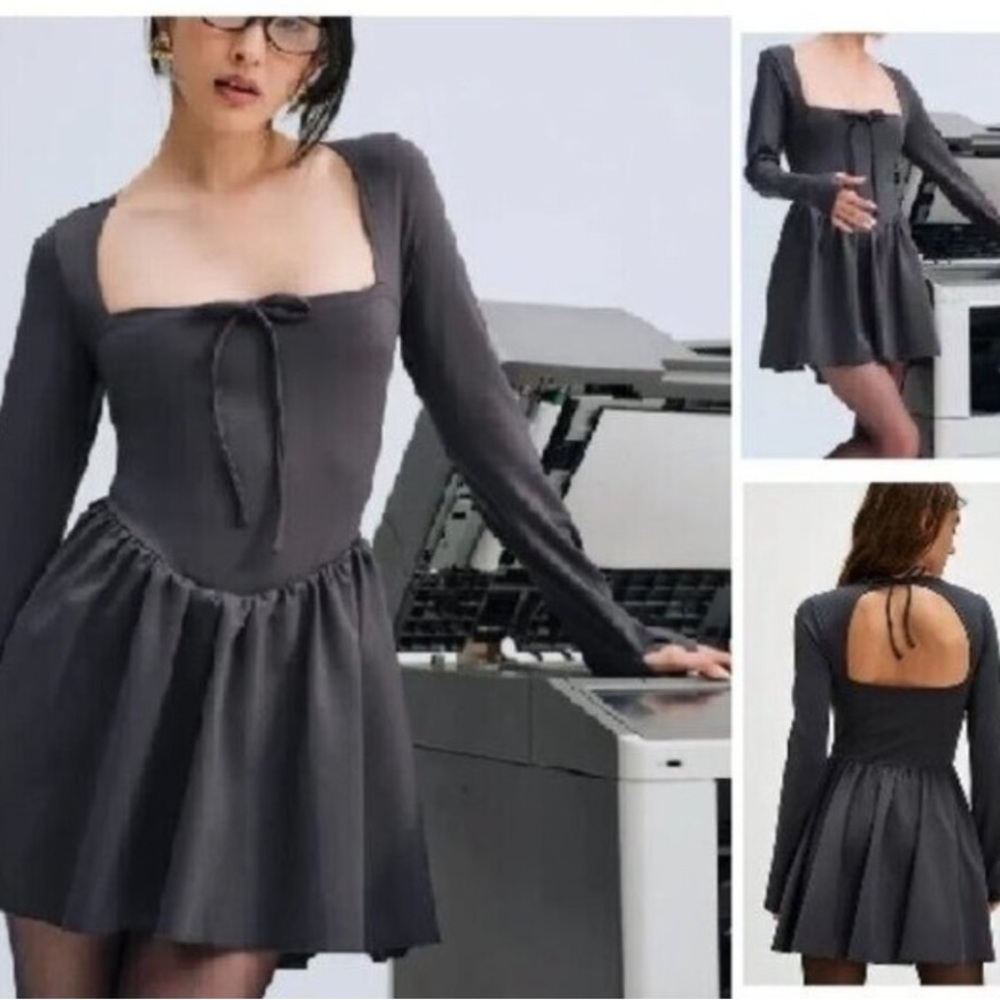 NWT For Love And Lemons Gray Square-Neck Long Sleeve Mini Dress